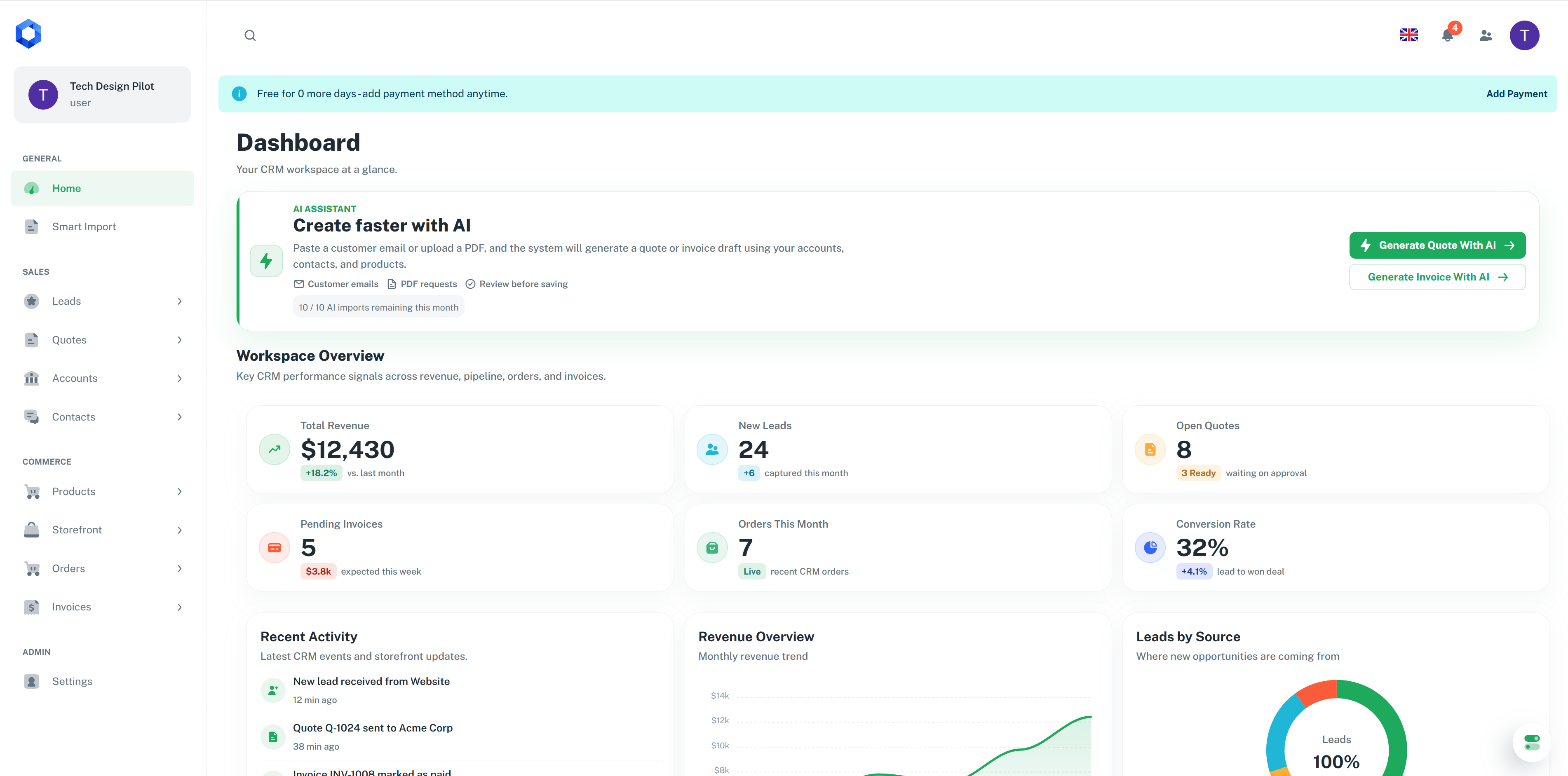 OrionSell dashboard showing revenue, leads, open quotes, and recent activity