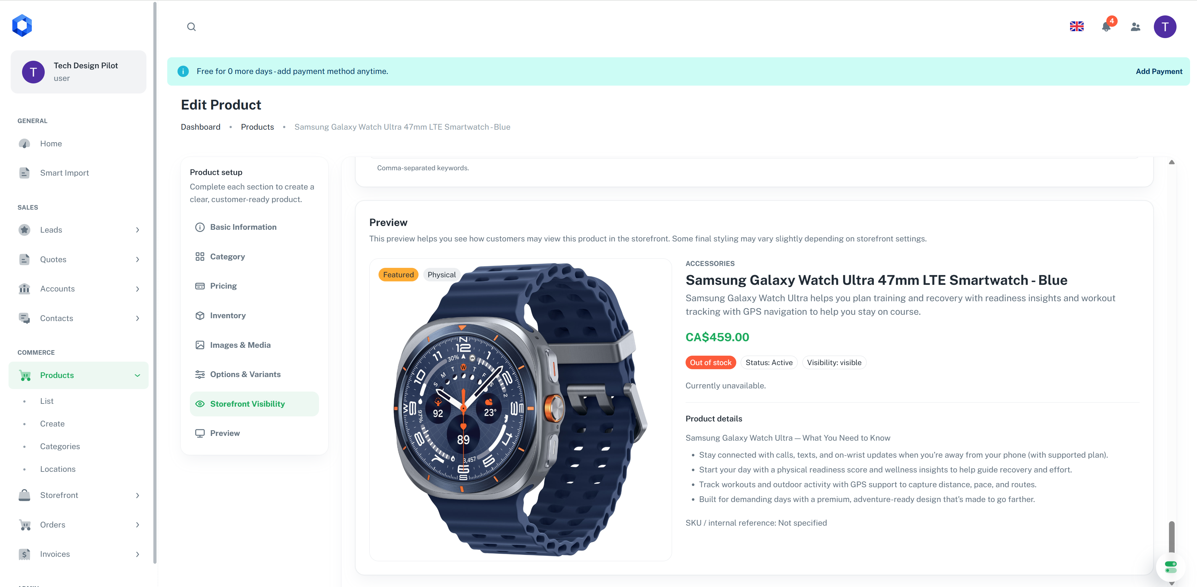 OrionSell product editor with a live storefront preview
